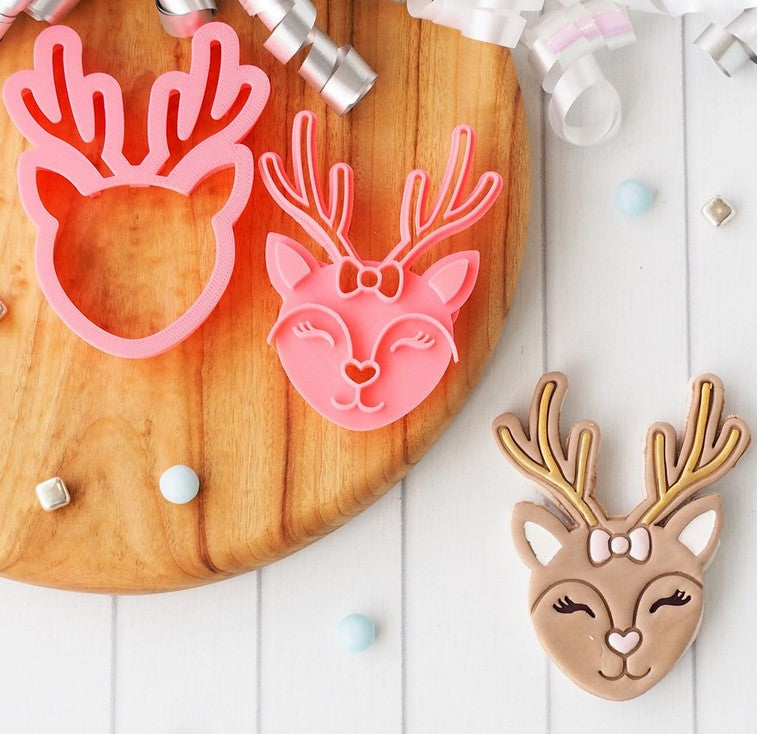 Christmas Reindeer Girl Cookie Cutter and Embosser | Cookie Cutter Shop Australia