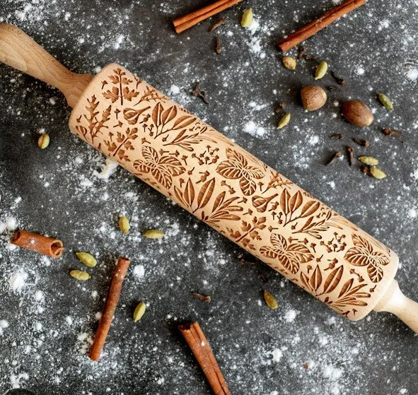 'Herbs' Embossed Wooden Rolling Pin